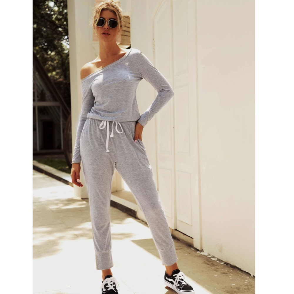 Off Shoulder Contrast Drawstring Grey Jumpsuit - Picture 3 of 12
